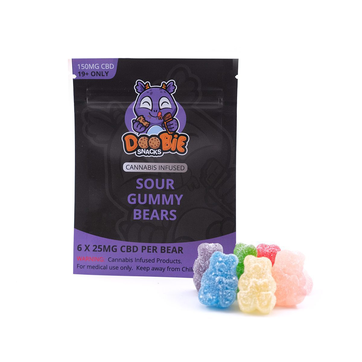 CBD Sour Gummy Bears 150MG CBD By Doobie Snacks